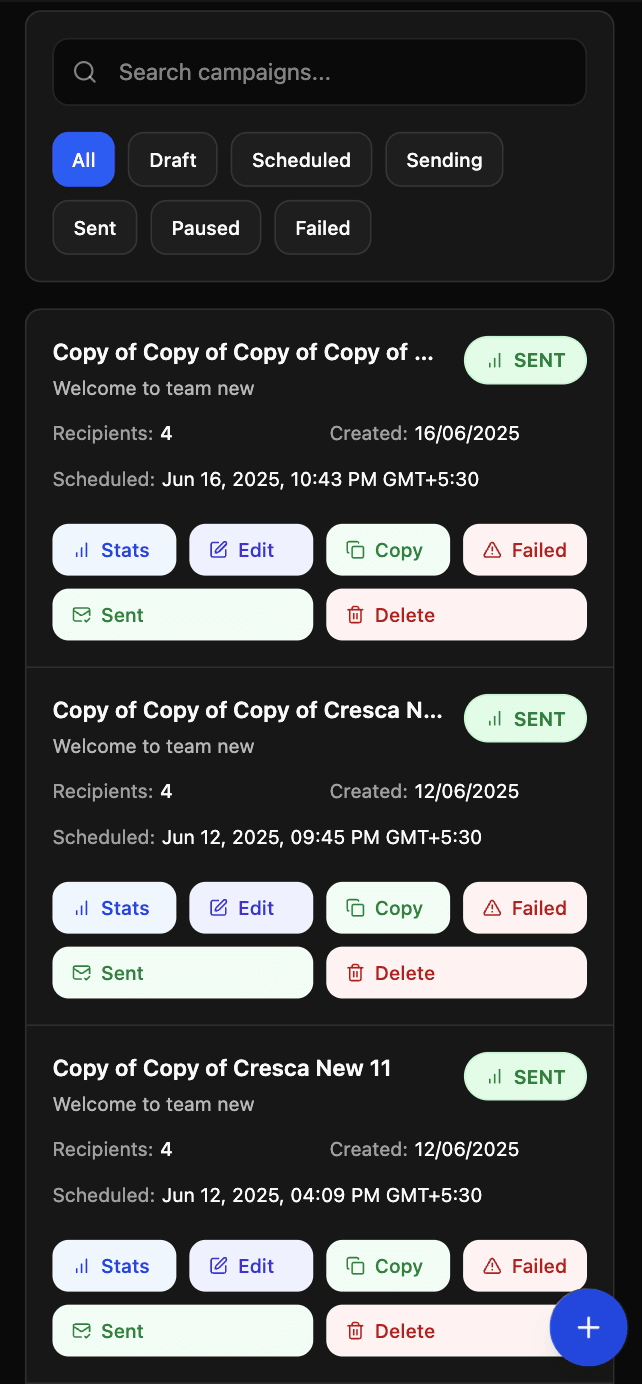 Cresca mobile dashboard: manage email campaigns from any device.