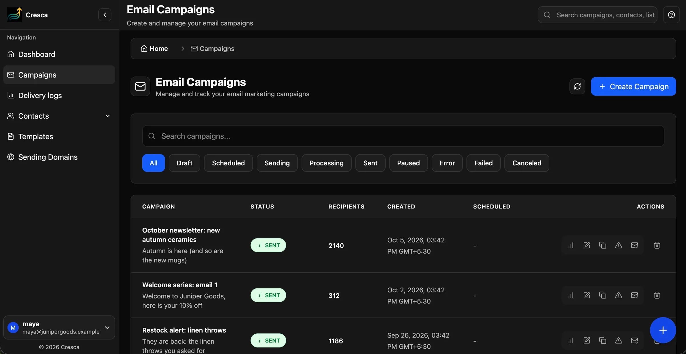Cresca campaigns page with scheduled and sent campaigns